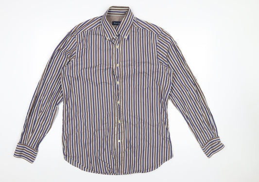 Massimo Dutti Men's Brown Striped Button-Up Shirt Size M Long Sleeve