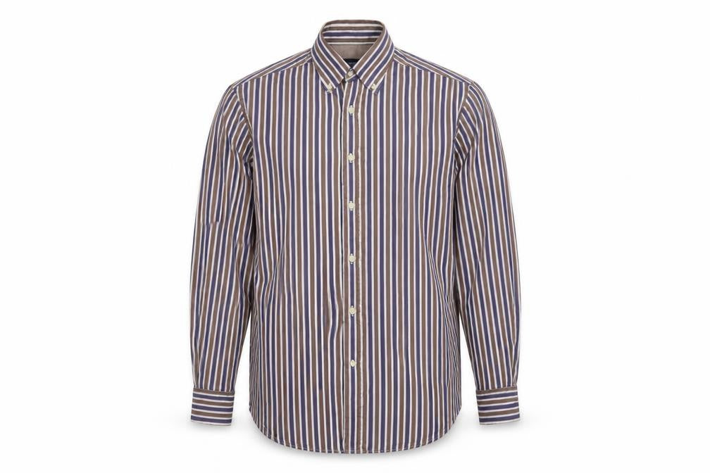 Front view of Massimo Dutti Men's Brown Striped Button-Up Shirt, size M, Long Sleeve