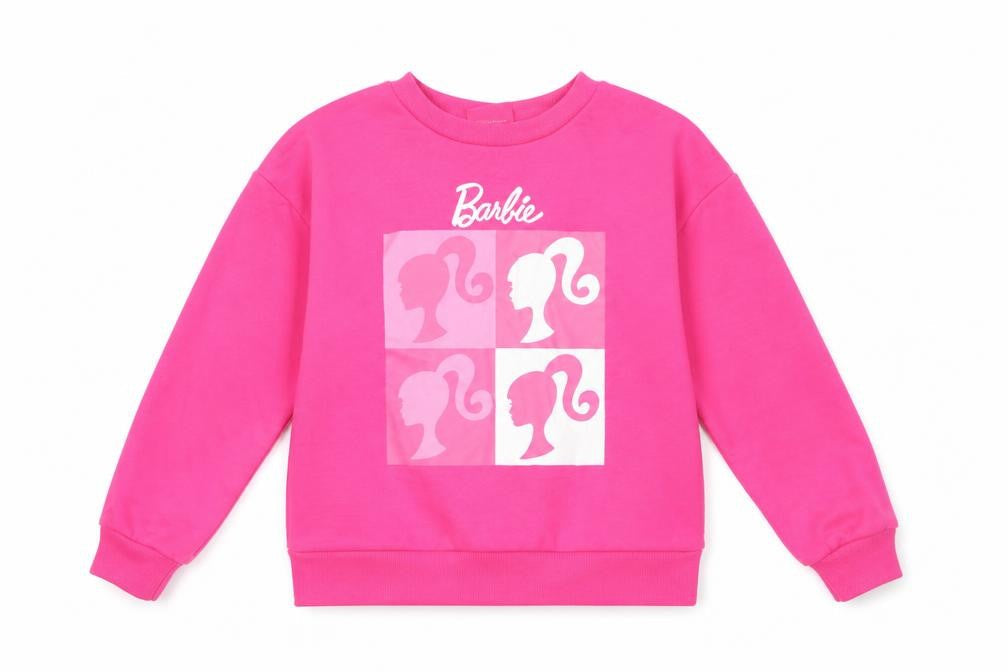 Front view of Primark girls’ barbie pink graphic print fleece sweatshirt 6-7 years