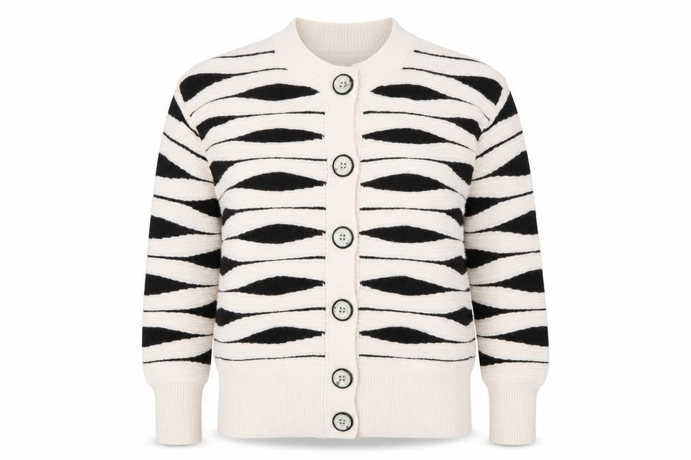 Front view of Gallery Women’s Ivory Black Striped Chunky Knit Cardigan, size S