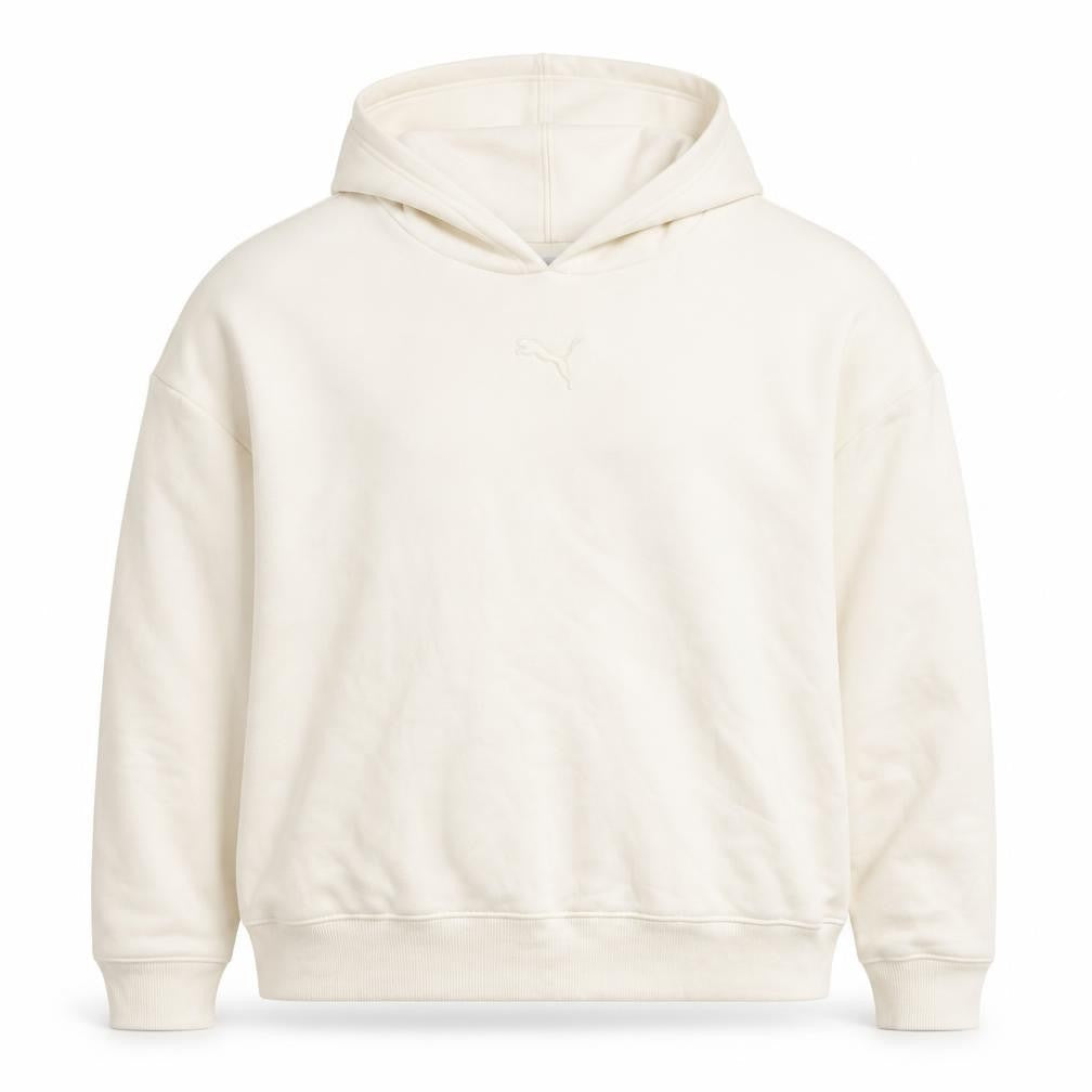 Front view of Puma Women Ivory Pullover Hoodie L Cotton Blend Logo Casual