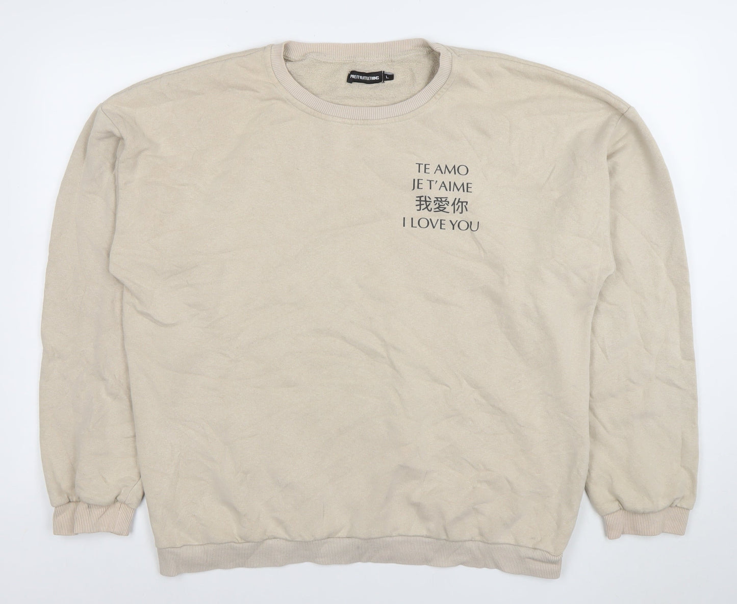 PrettyLittleThing Womens Beige Cotton Blend Pullover Sweatshirt L