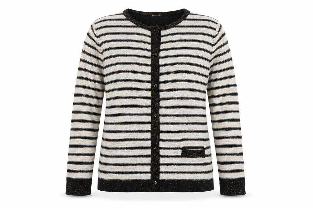 Front view of Anne de Lansey Women's Black Striped Cardigan XL Knit Long Sleeve