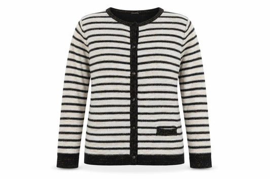 Front view of Anne de Lansey Women's Black Striped Cardigan XL Knit Long Sleeve