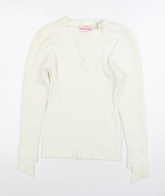 Pink Boutique Women Ivory V-Neck Ribbed Knit Long Sleeve Top Size L