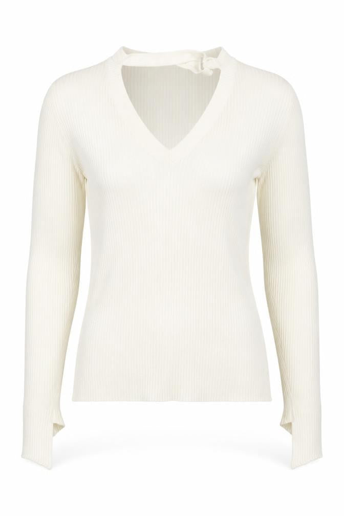 Pink Boutique Women Ivory V-Neck Ribbed Knit Long Sleeve Top Size L