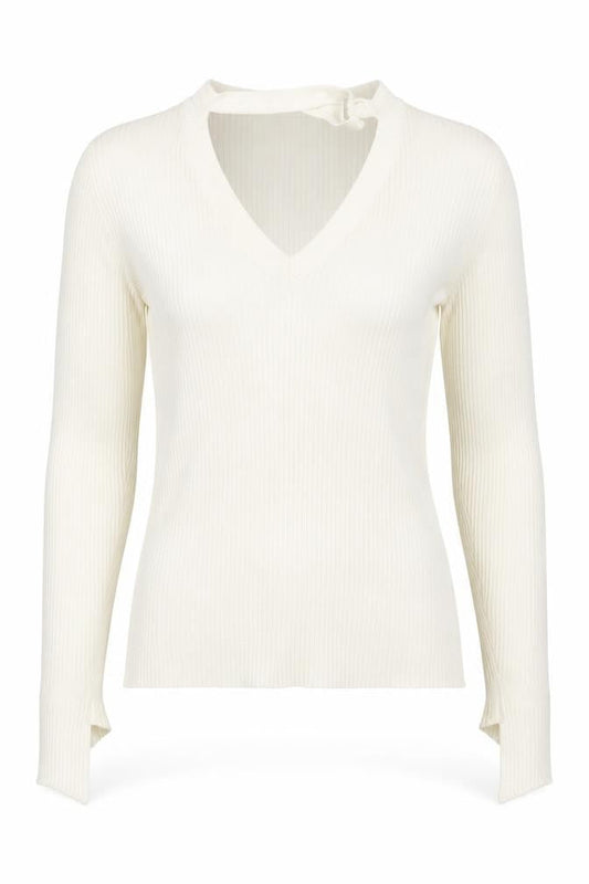 Pink Boutique Women Ivory V-Neck Ribbed Knit Long Sleeve Top Size L