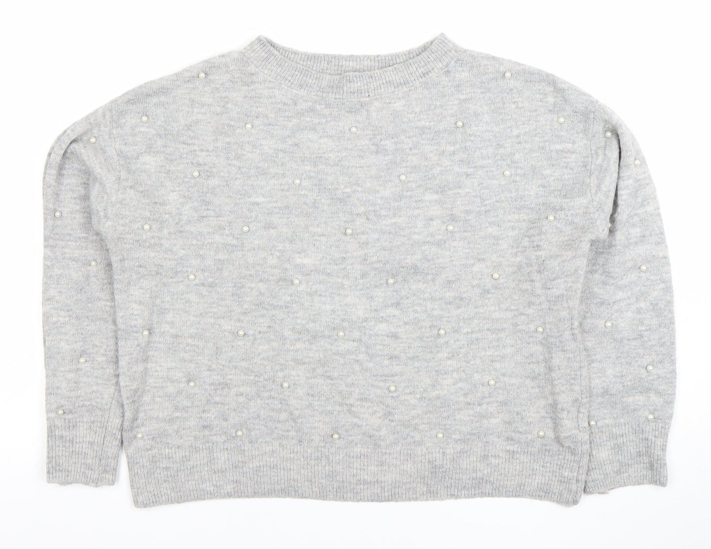 H&M Women's Grey Beaded Crew Neck Pullover Jumper Size S