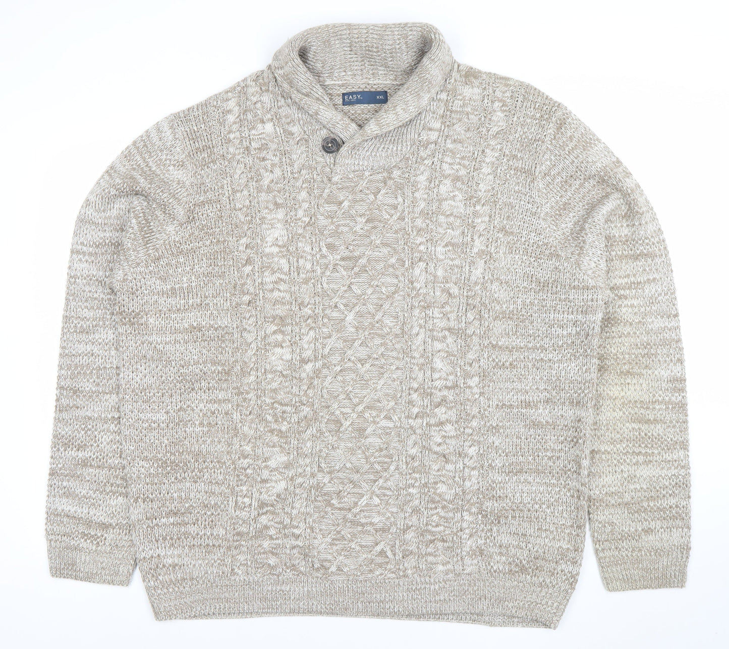 EASY Men's Beige 2XL Cable-Knit Collared Pullover Jumper