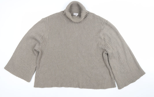 H&M Women’s Beige Ribbed Roll Neck Relaxed Fit Jumper Size L