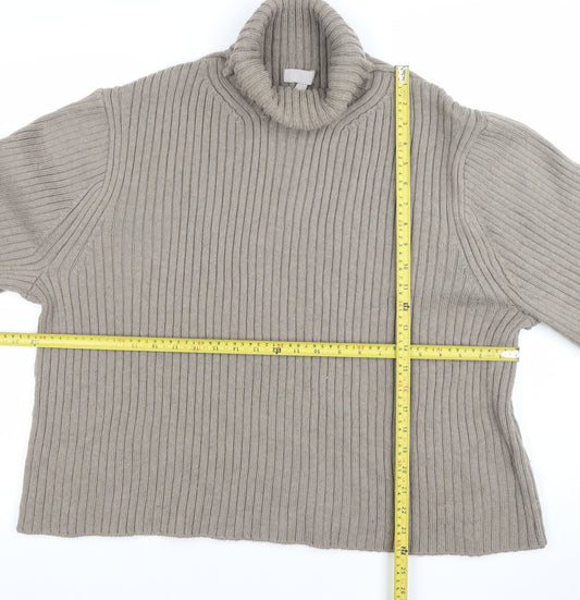 H&M Women’s Beige Ribbed Roll Neck Relaxed Fit Jumper Size L