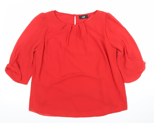 Wallis Women's Red Chiffon 3/4 Sleeve Bow Tunic Blouse Size 14
