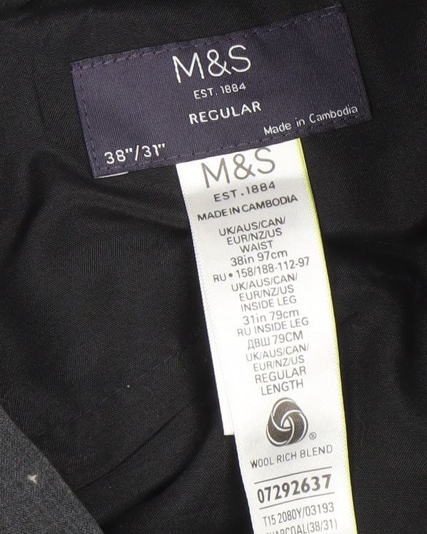 Marks and Spencer Men’s Grey Wool Blend Regular Fit Dress Trousers 38x31