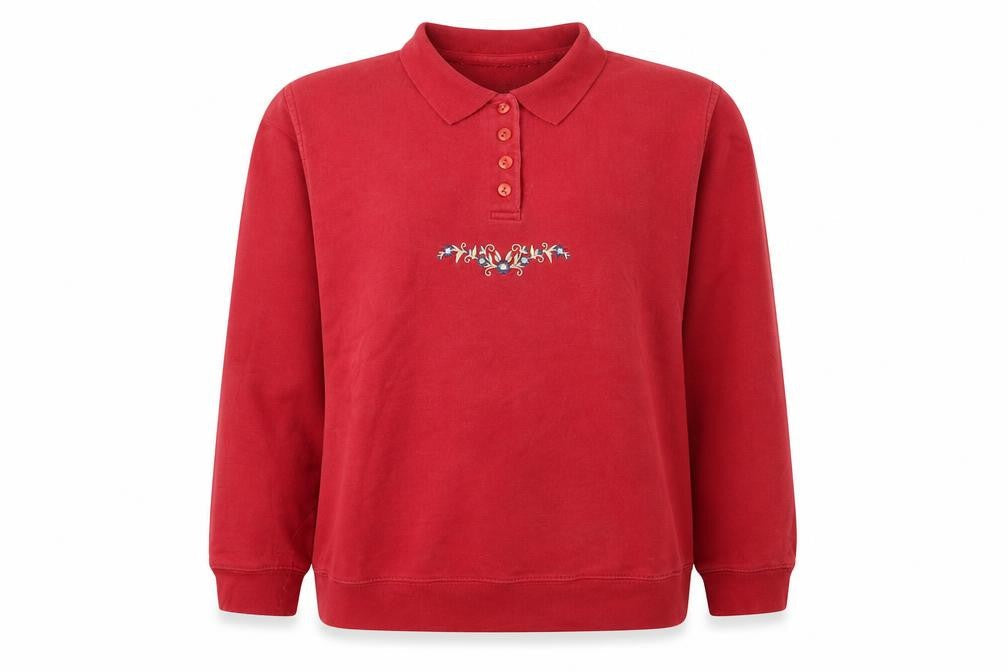 EWM Pure Classics Women's Red Embroidered Henley Sweatshirt Size 14/16