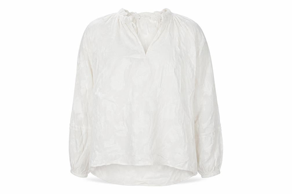 Front view of Gallery Women’s White Floral Tunic Blouse, size UK 16, Viscose Long Sleeve