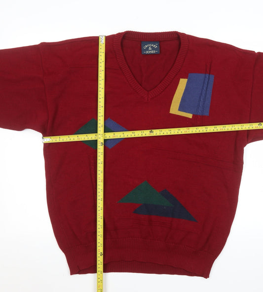 Crocket & Jones Men's Red Wool Blend Geometric V-Neck Jumper L