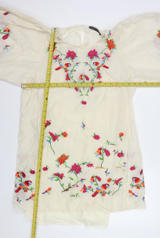 Zara Women Ivory Embroidered Floral Shift Dress Size 8