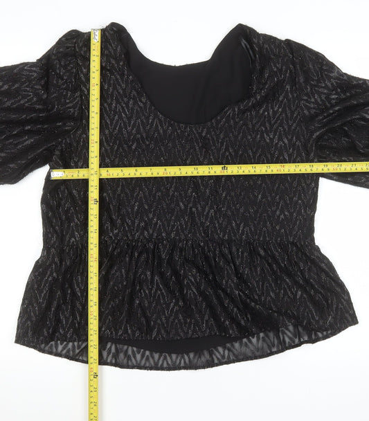 Dunnes Stores Womens Black Glitter Peplum Blouse Size 12 3/4 Sleeve