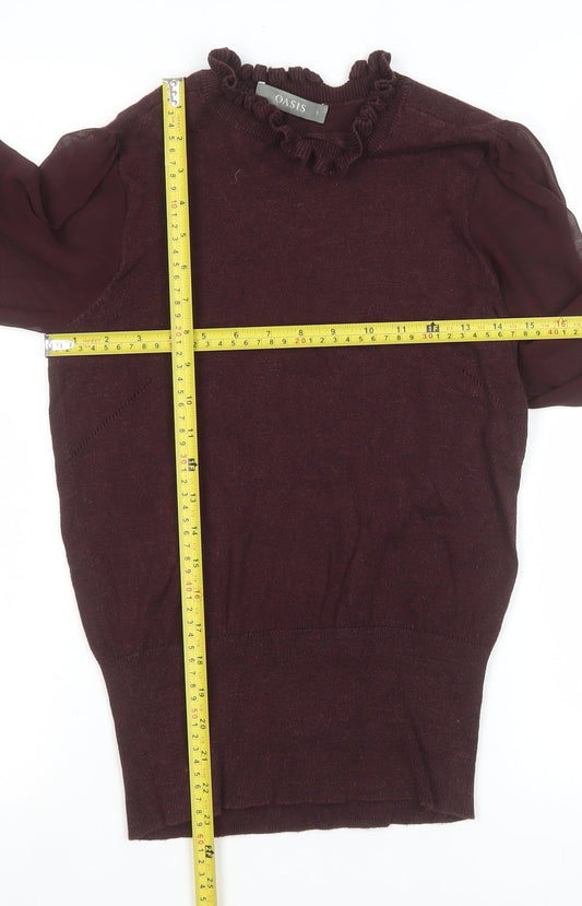 Oasis Women Brown Ruffle Neck Long Sleeve Knit Blouse Size S