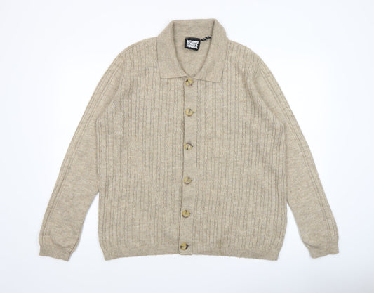 Reclaimed Vintage Men's Beige Wool Collared Cardigan Size S