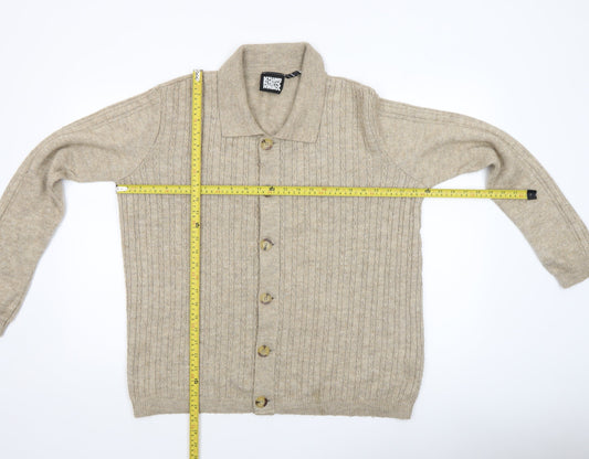 Reclaimed Vintage Men's Beige Wool Collared Cardigan Size S