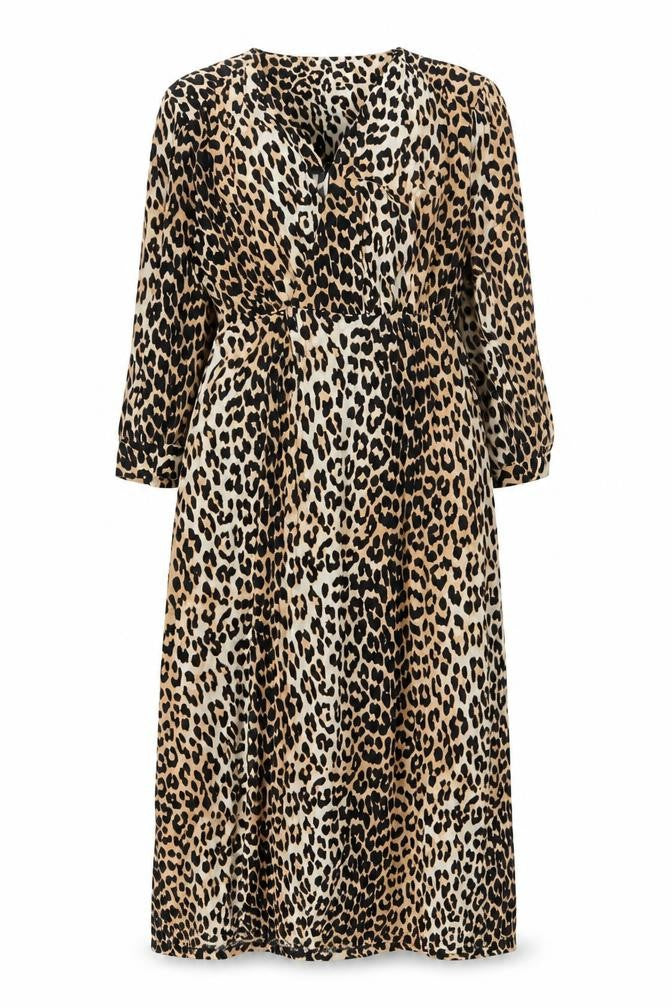 Front view of Sfera Women Beige Leopard Print Midi Wrap Dress, size 12