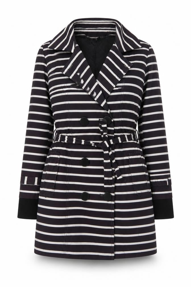 Miss Pink Women's Black Striped Trench Coat UK 16 Belted Mid-Length