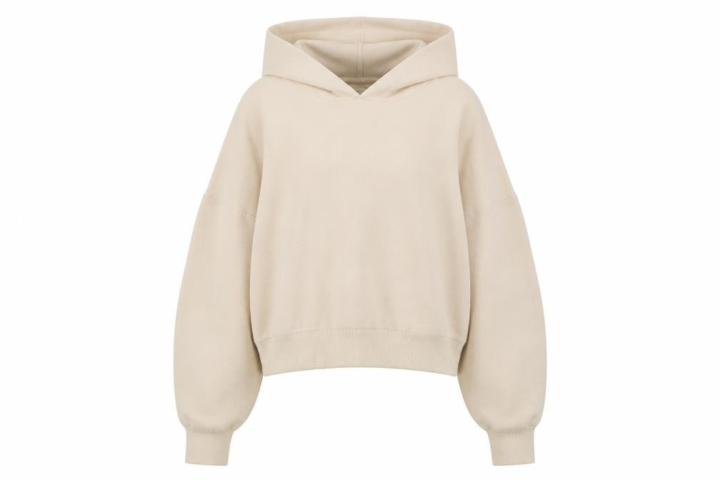Front view of ASOS Women’s Beige Hooded Knit jumper, size UK 12