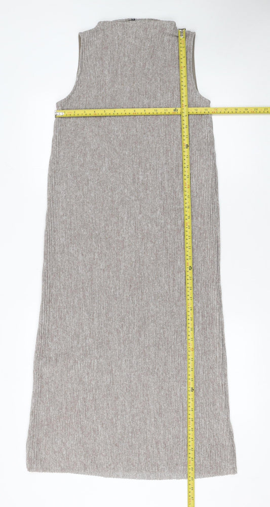 Zara Women Beige Sleeveless High Neck Knit Midi Tank Dress S