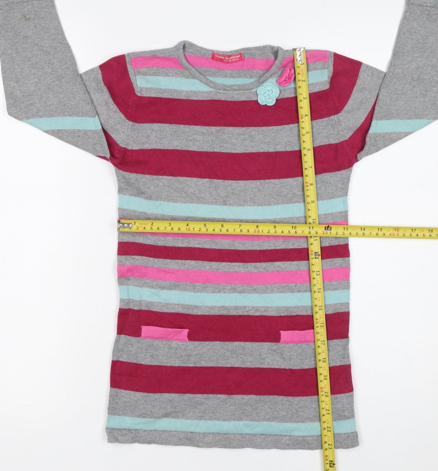 Young Dimension Girls Grey Striped Long Sleeve Cotton Sweater Dress 7-8 Years