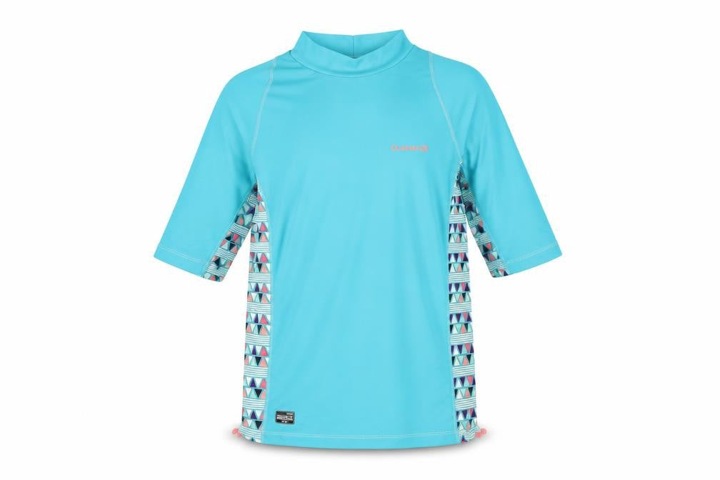 Front view of Olaian girls’ blue uv protection rash guard t-shirt 14 years summer top