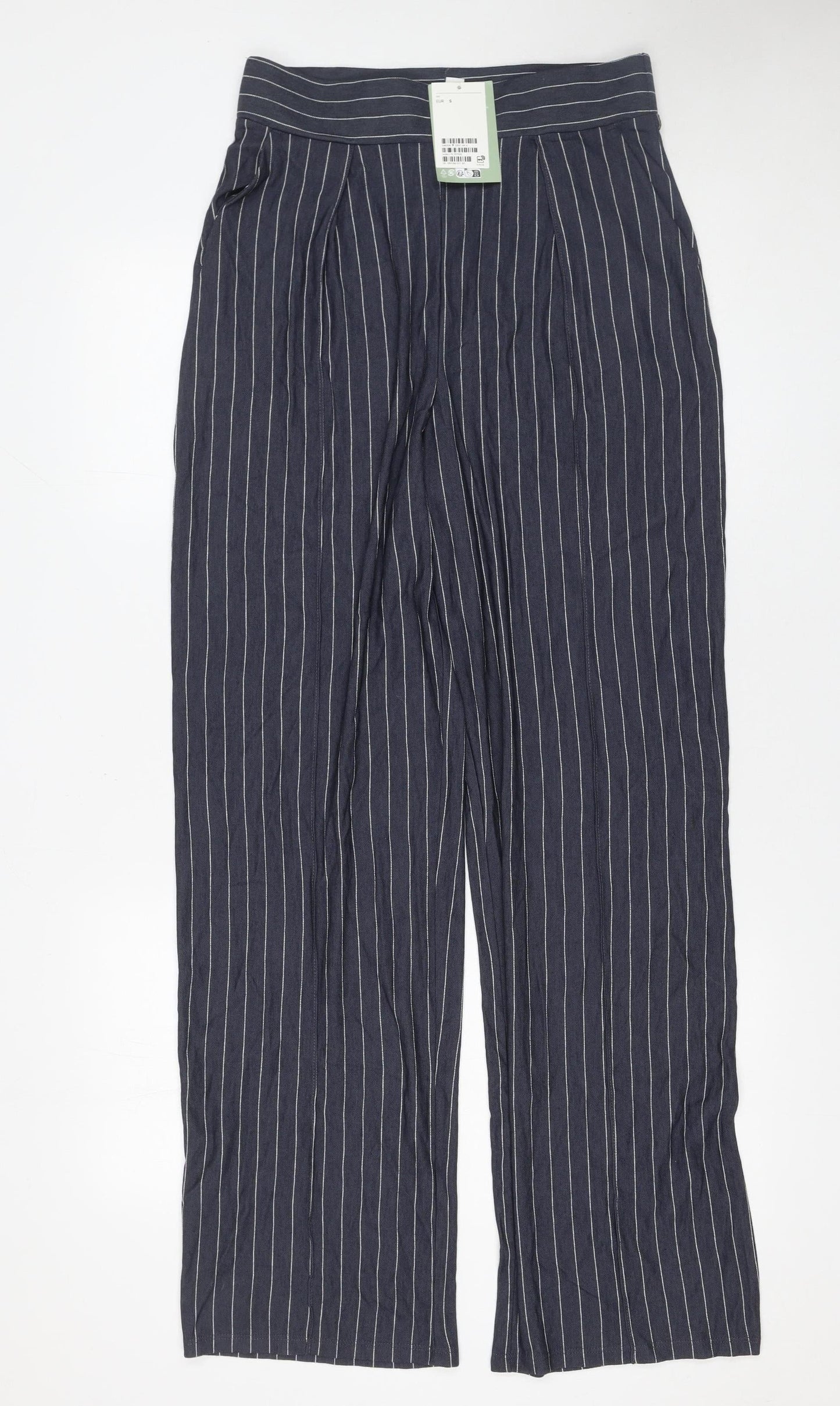 H&M Women’s Blue Striped Wide-Leg Trousers Size S Lightweight Viscose Blend