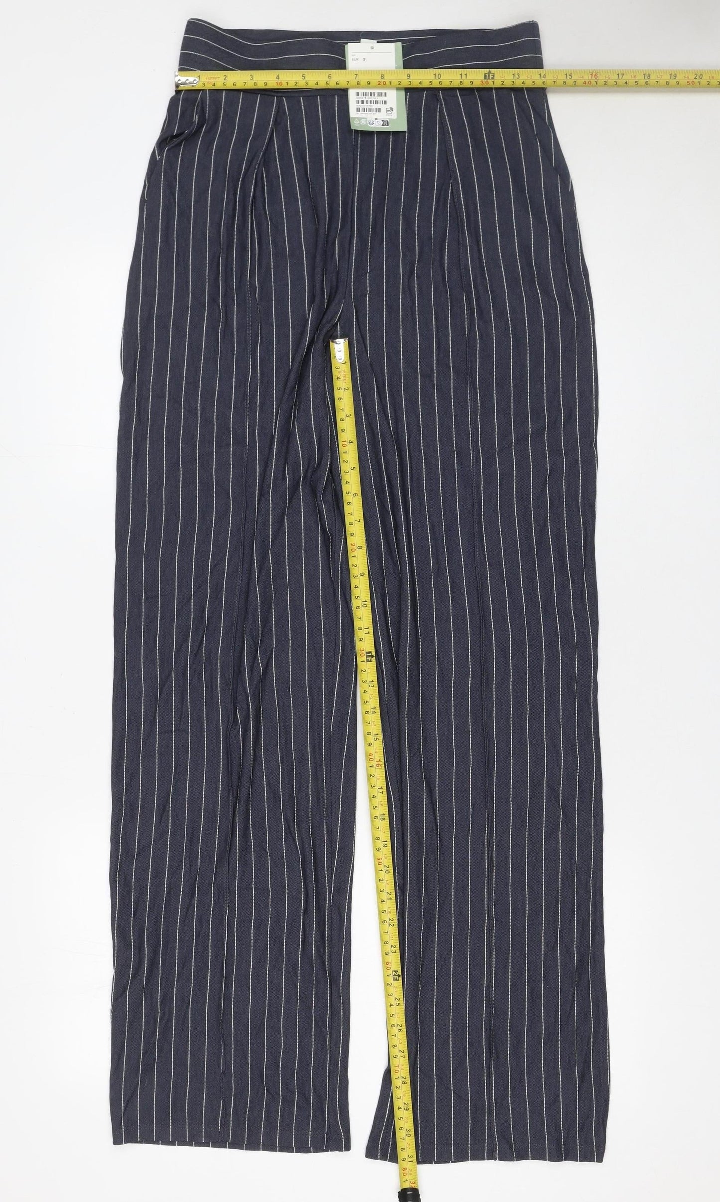 H&M Women’s Blue Striped Wide-Leg Trousers Size S Lightweight Viscose Blend