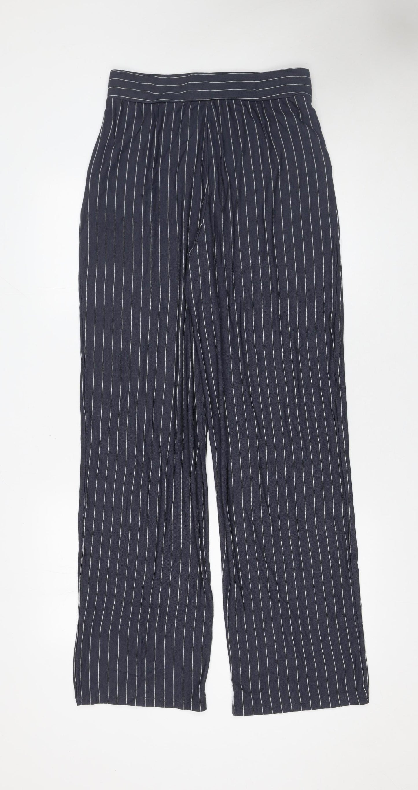 H&M Women’s Blue Striped Wide-Leg Trousers Size S Lightweight Viscose Blend