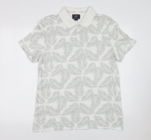 F&F Men's White Leaf Print Cotton Polo Shirt Size L Short Sleeve