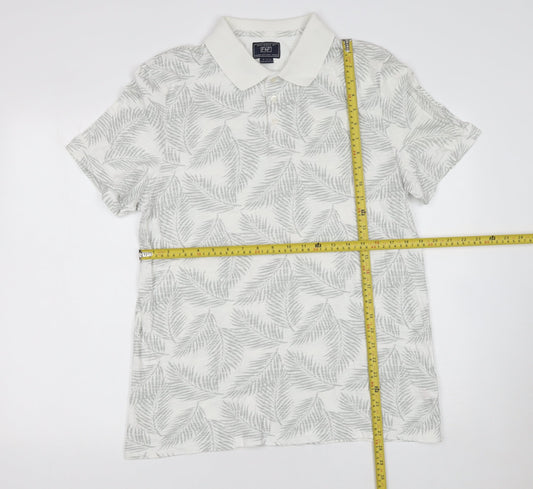 F&F Men's White Leaf Print Cotton Polo Shirt Size L Short Sleeve