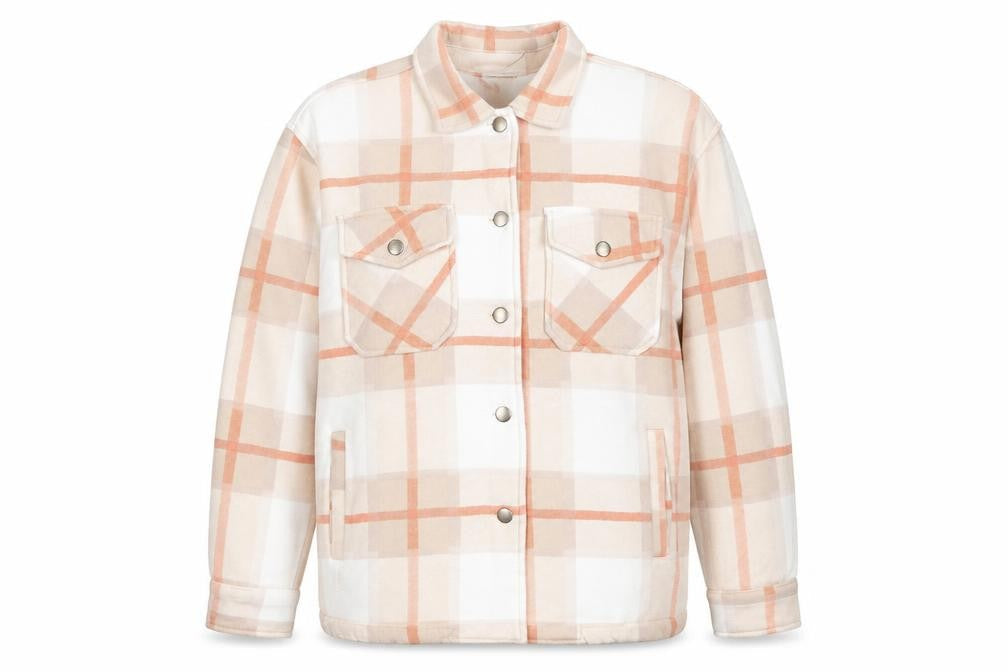 Boohoo Women Beige Checked Shacket Jacket M Long Sleeve Casual