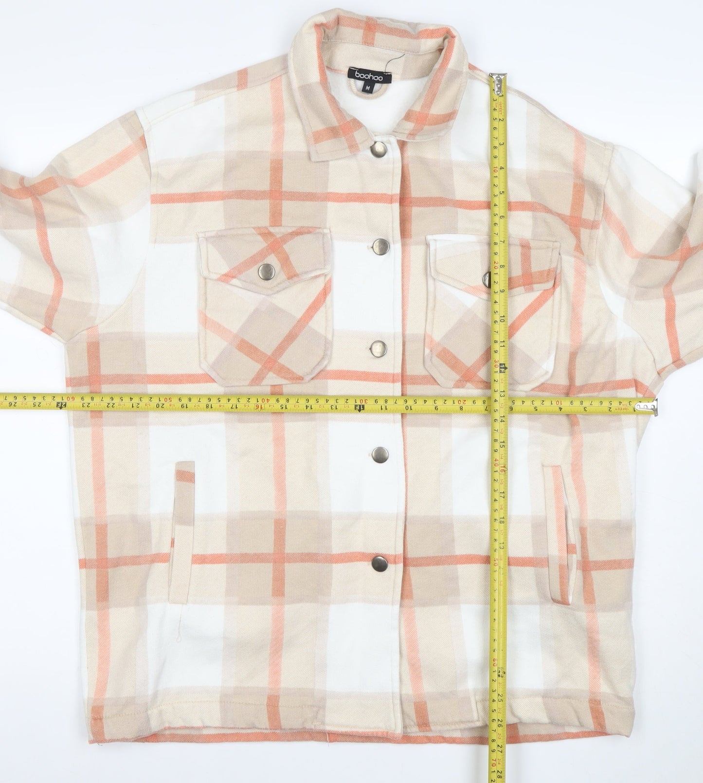 Boohoo Women Beige Checked Shacket Jacket M Long Sleeve Casual