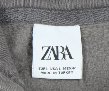 ZARA Women Grey Pullover Hoodie L Cotton Blend Casual Sweatshirt