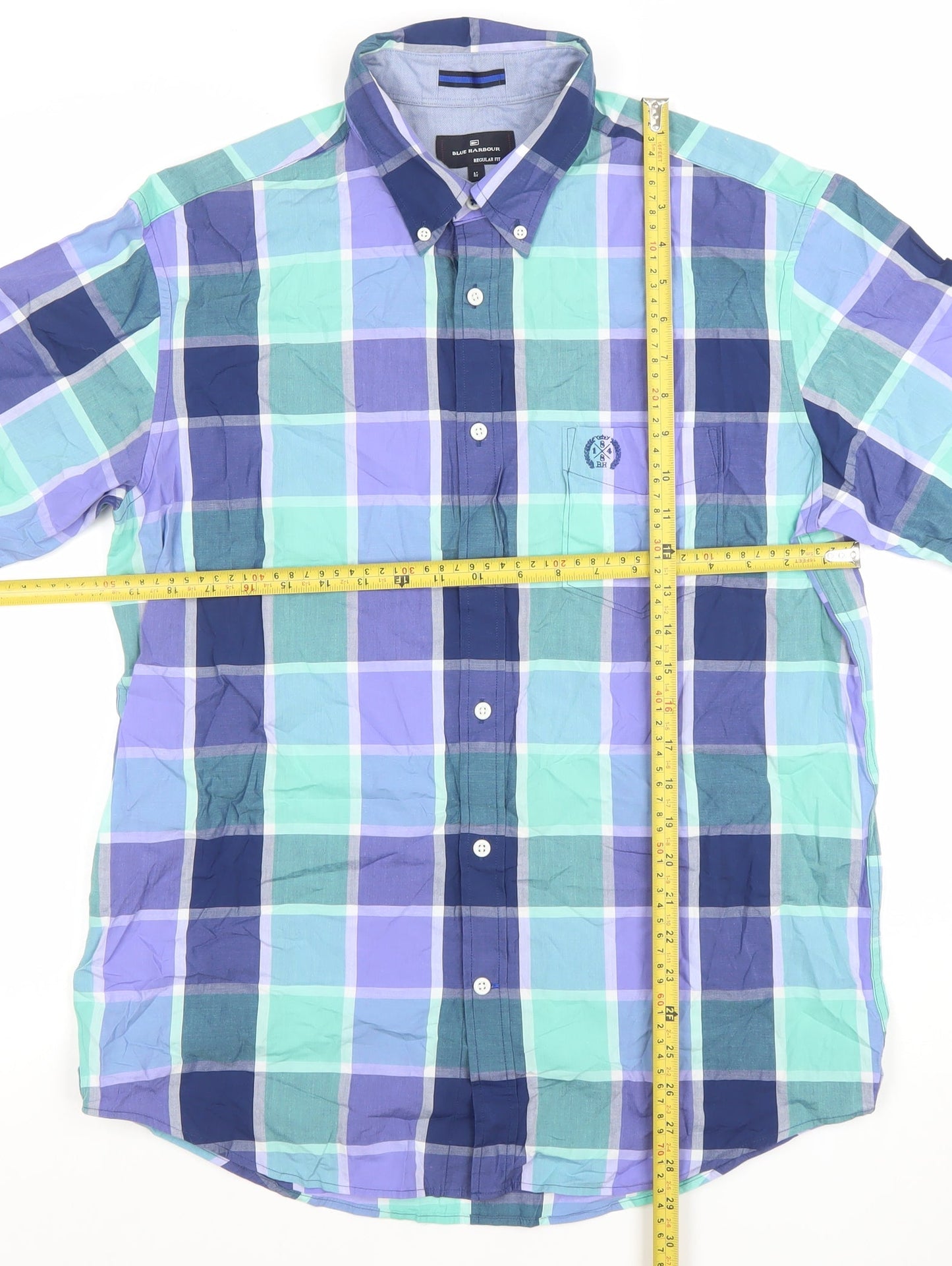 Blue Harbour Men's Blue Multicoloured Check Cotton Short Sleeve Shirt M