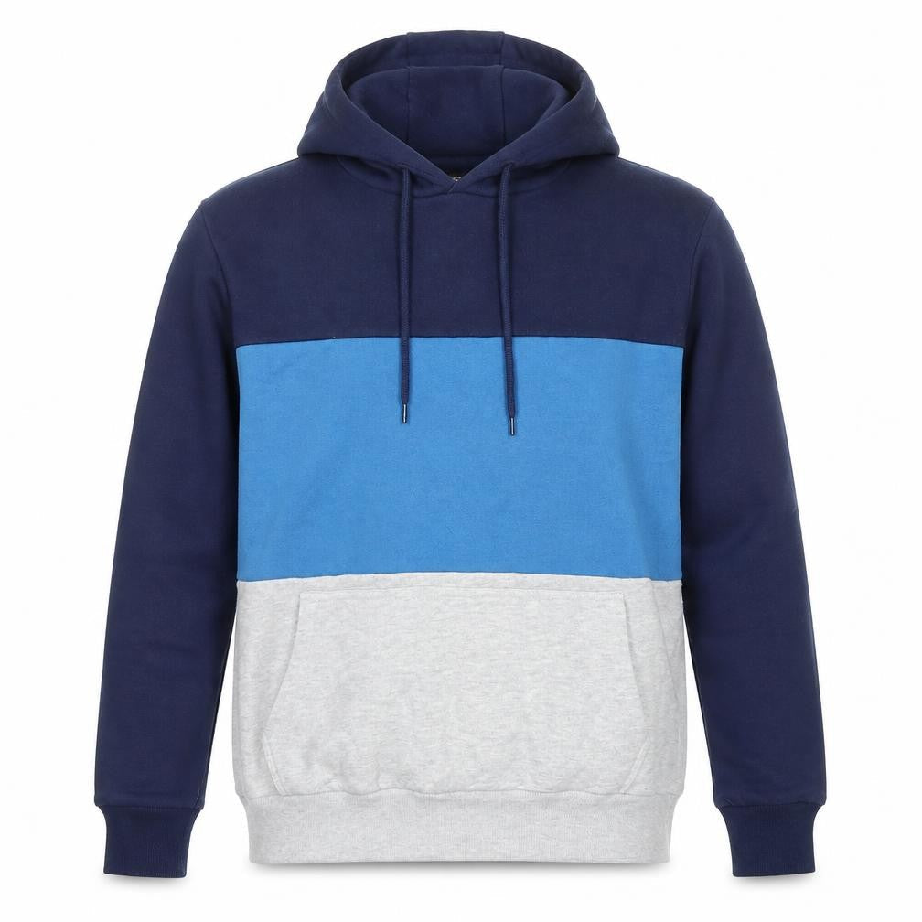 Front view of Dunnes men’s blue colour block pullover hoodie, size M