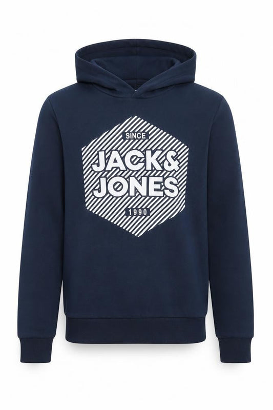 Jack & Jones Boys Navy Pullover Hoodie Size 164 Logo Print Cotton Blend