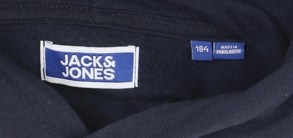 Jack & Jones Boys Navy Pullover Hoodie Size 164 Logo Print Cotton Blend