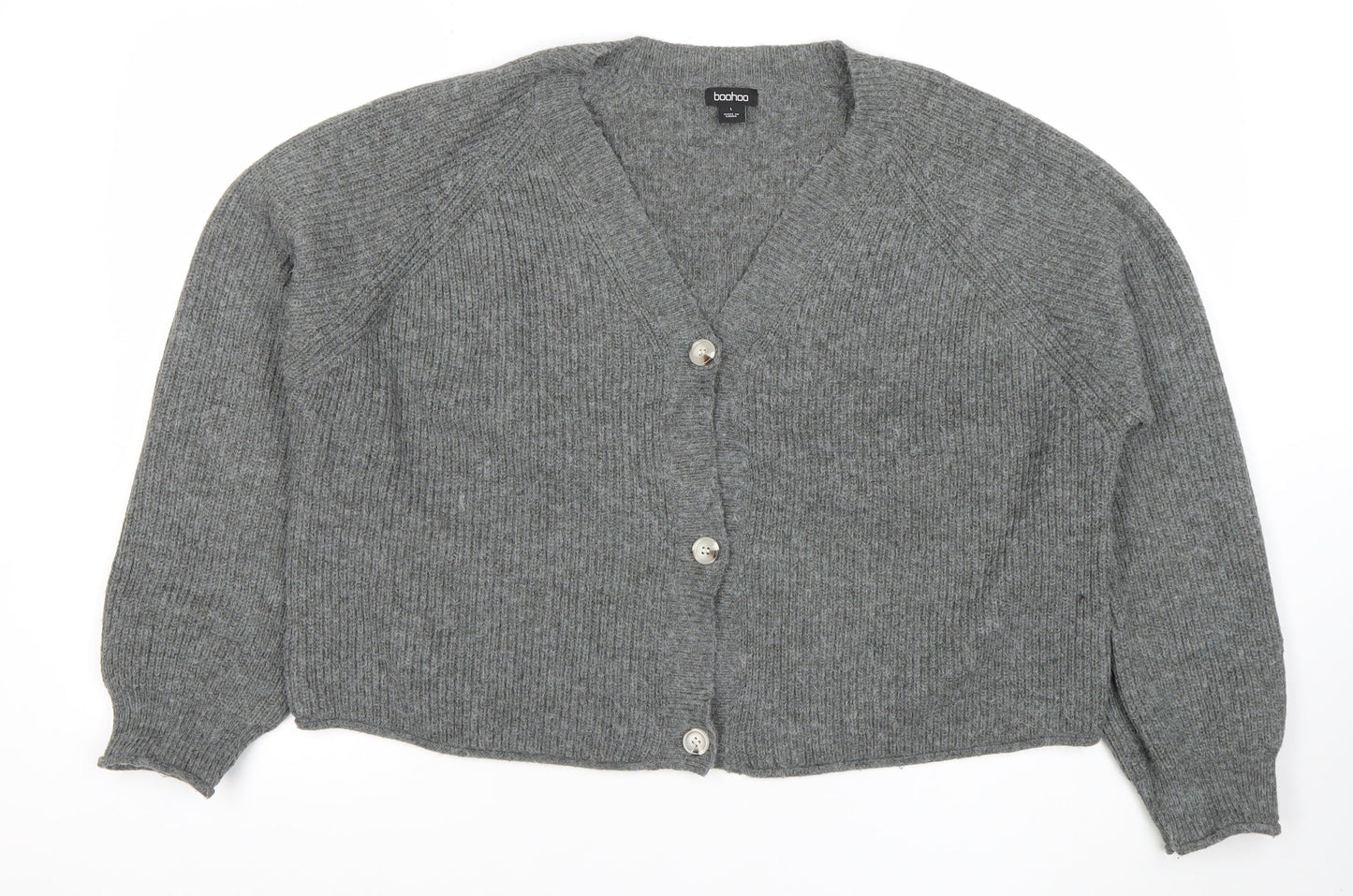 Boohoo Women Grey L V-Neck Rib Knit Button Cardigan Jumper
