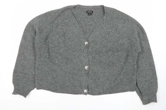 Boohoo Women Grey L V-Neck Rib Knit Button Cardigan Jumper
