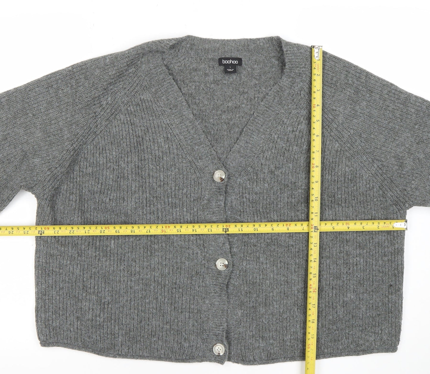 Boohoo Women Grey L V-Neck Rib Knit Button Cardigan Jumper
