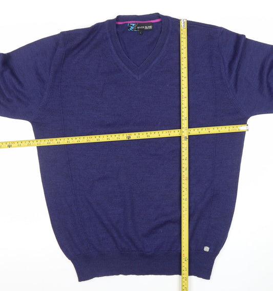 River Island Women's Blue Merino Wool Blend V-Neck Jumper Size L
