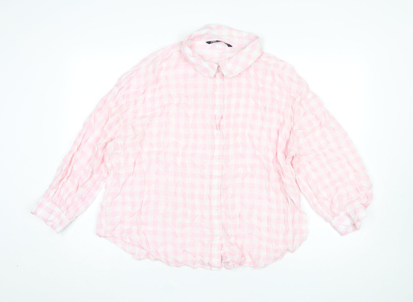 ZARA Women Pink Check Collared Long Sleeve Button-Up Shirt Size 14
