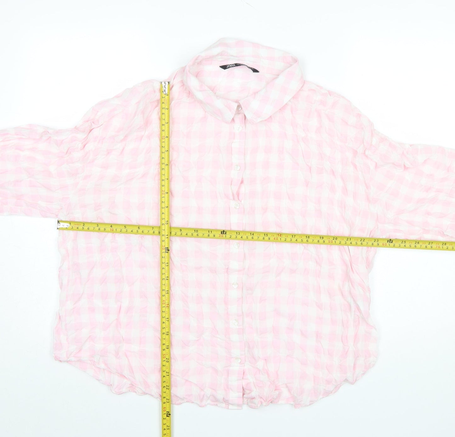 ZARA Women Pink Check Collared Long Sleeve Button-Up Shirt Size 14