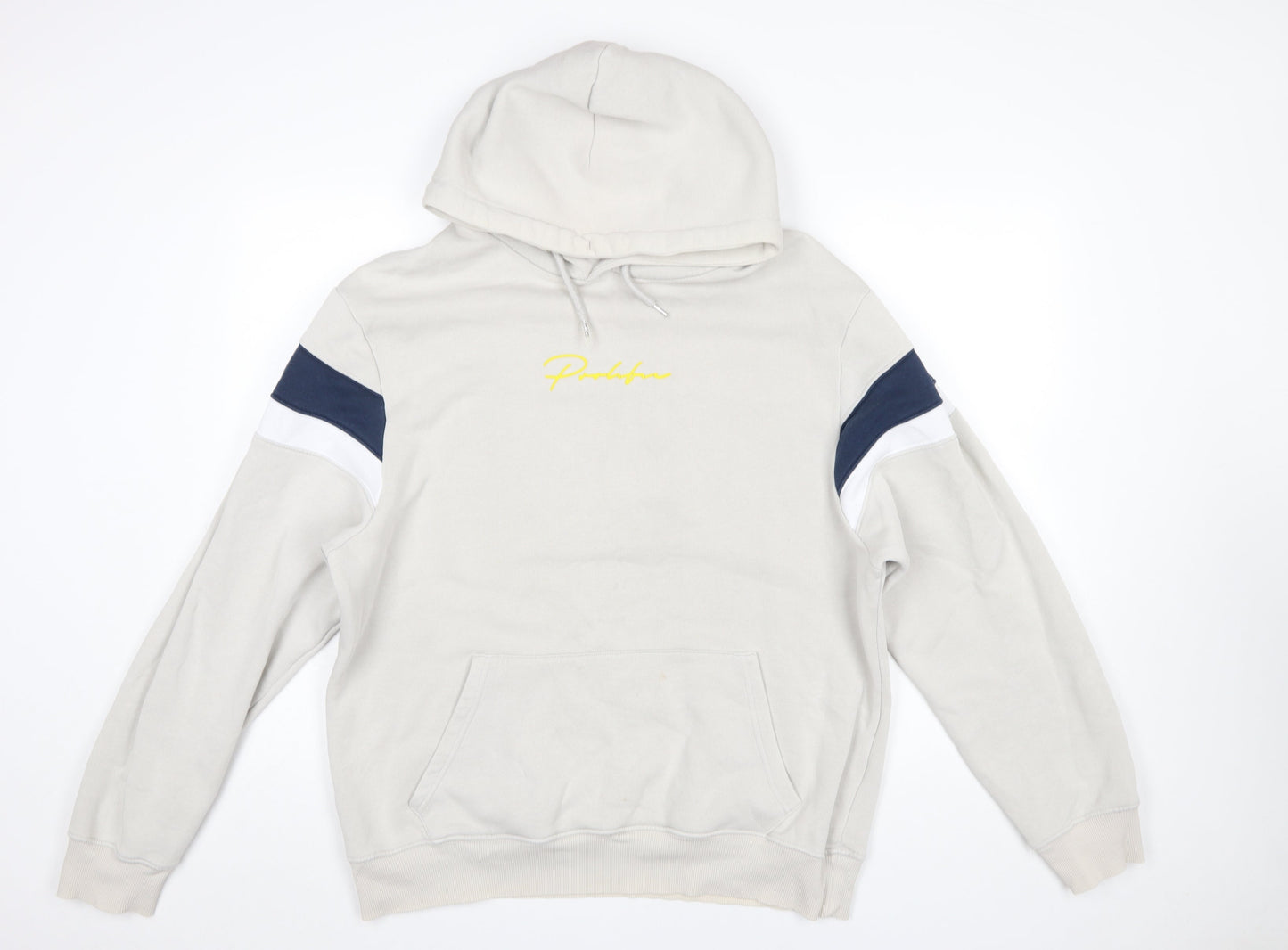 River Island Men’s Beige Hoodie L Pullover Fleece Logo Hooded Sweatshirt